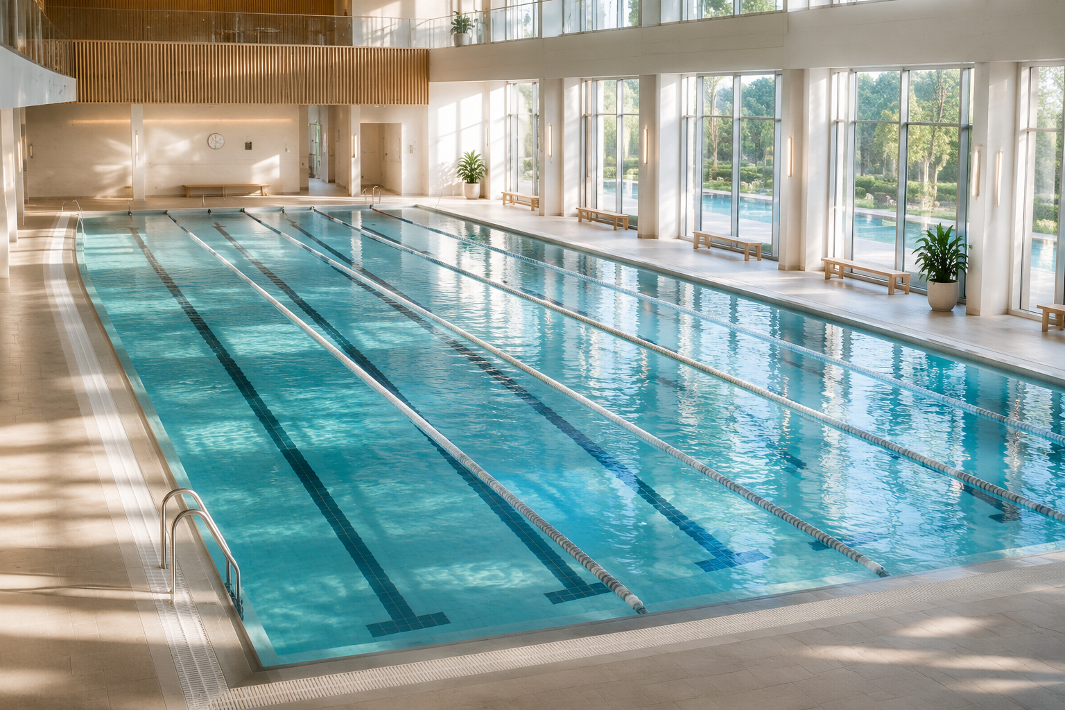 A bright indoor swimming pool with calm turquoise water and empty lanes