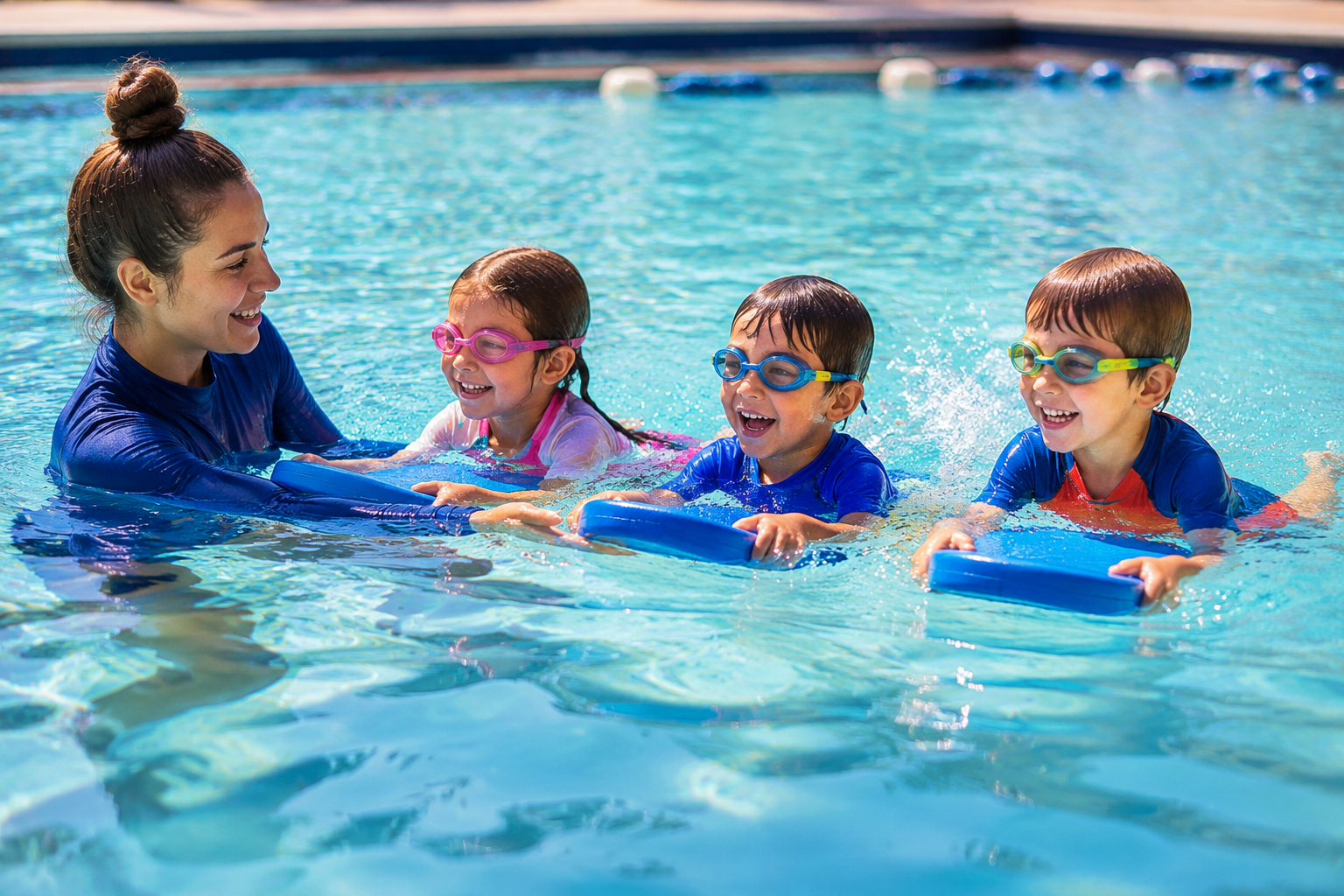 A swim instructor guiding children during a group lesson in a bright pool